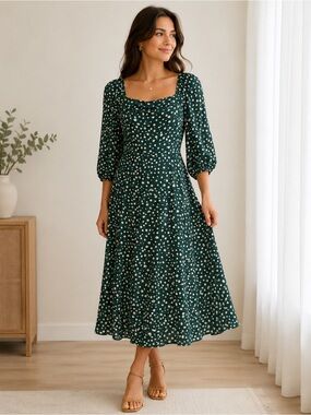 Nobodys Child Womens Green White Polka Dot Square Neck Midi Dress, Size US 4